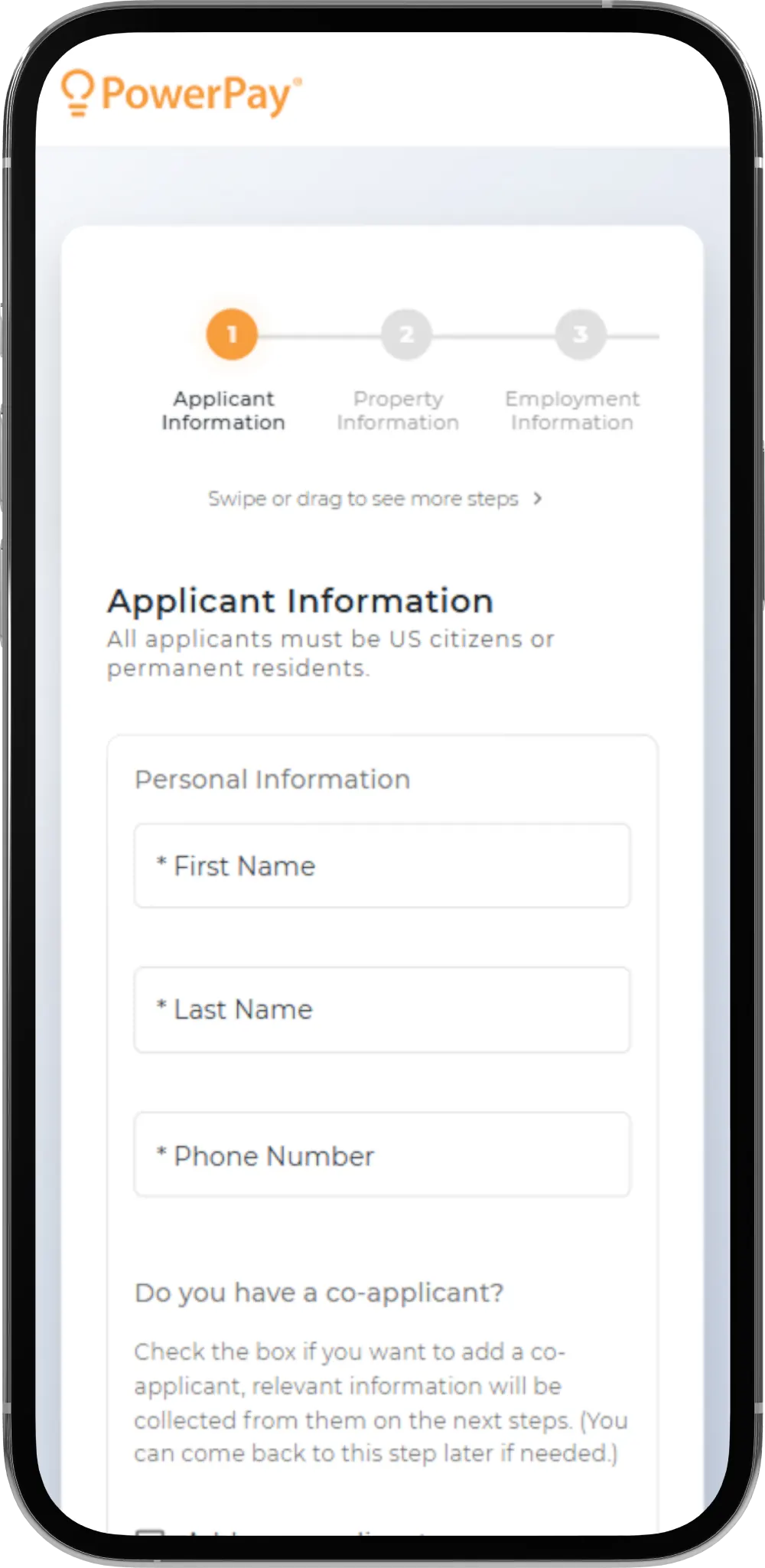 Mobile phone displaying PowerPay application form screen