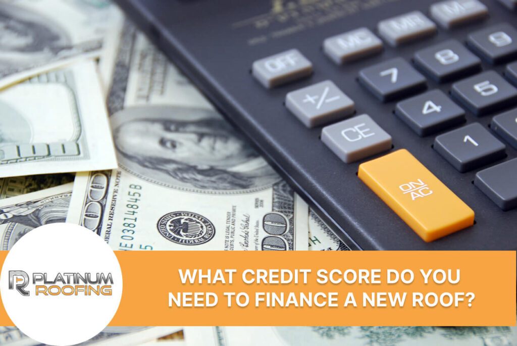 Calculator on hundred-dollar bills with text on financing new roofing