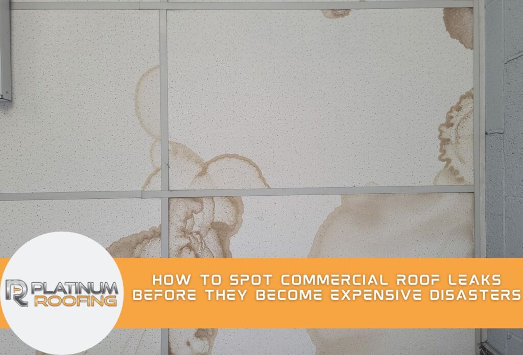 Water-stained ceiling tiles showing early signs of commercial roof leaks