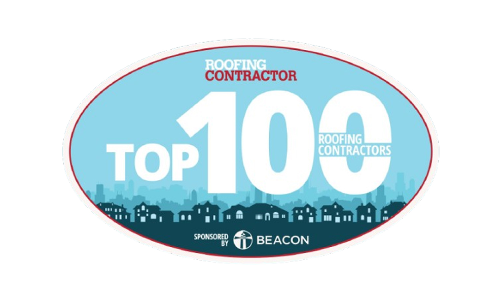 Top 100 Roofing Contractors award badge with city skyline.