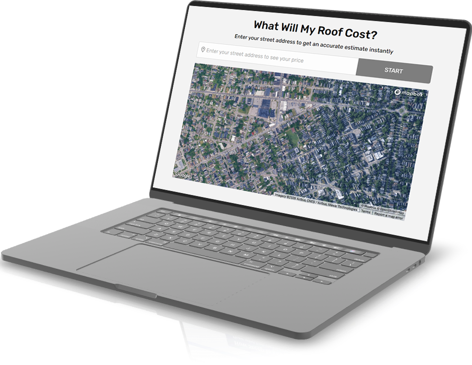 Laptop displaying a roof cost estimator with satellite imagery