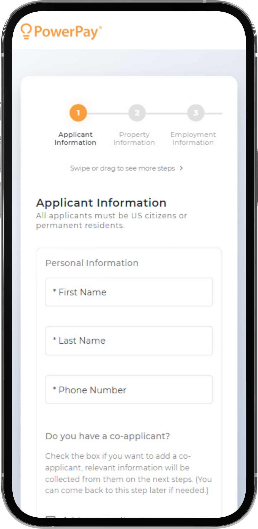 Mobile phone displaying PowerPay application form screen