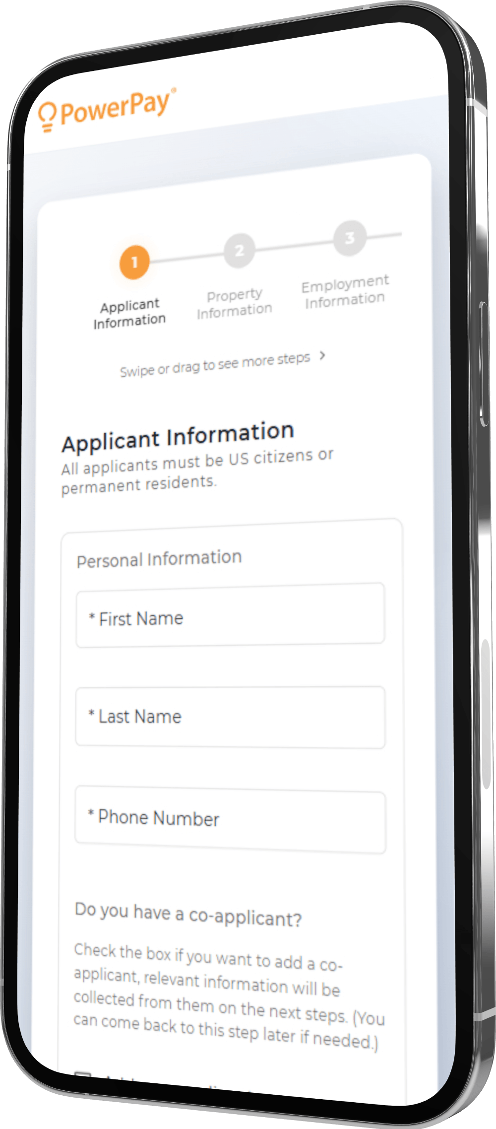 Mobile phone displaying PowerPay application form screen
